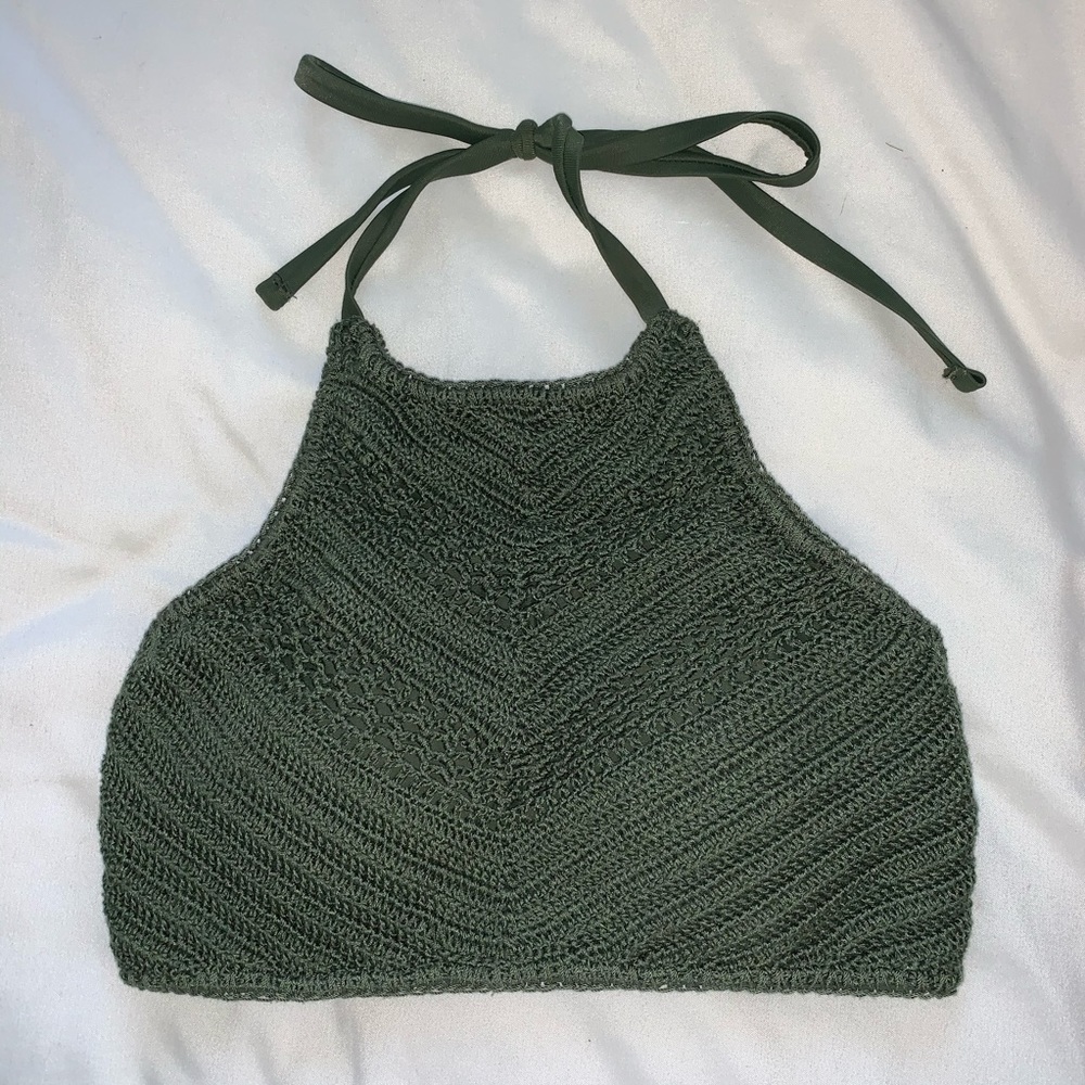 Green Crochet Halter High Neck Bikini Top
